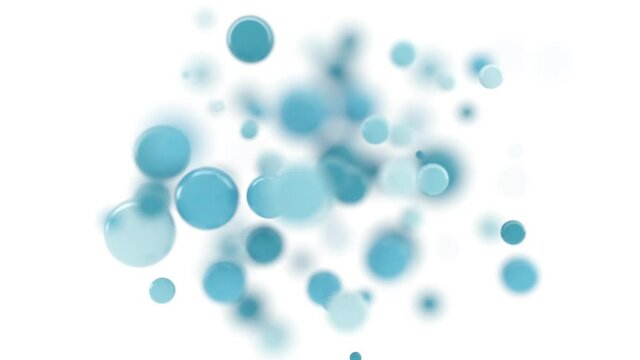 Bright flying in a circle bubbles on white background. Blue, Light blue, Turquoise, Depth of Field. 3d Animation contains alpha matte