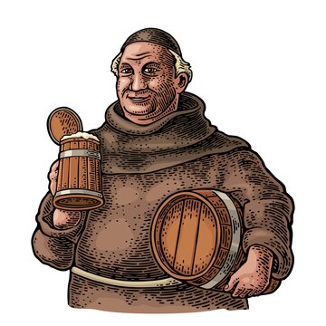 Monk holding wood beer mug and barrel. Vintage vector color engraving