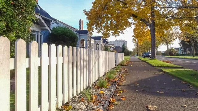 Walking along an American suburban sidewalk on a fall day
