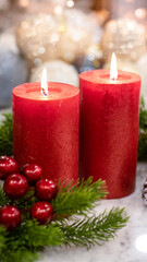 Christmas toys close-up, blurred bokeh background. Christmas background for a postcard. Spruce branches, cones, Christmas balls. Box with a gift and a red bow.