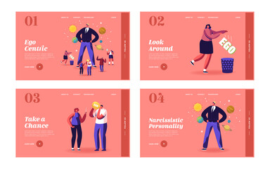 Ego, Narcissistic Self Love Landing Page Template Set. Tiny Characters around Huge Egocentric Macho Man Wearing Crown