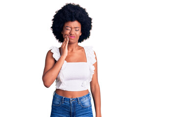 Young african american woman wearing casual clothes touching mouth with hand with painful...