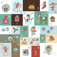 Fototapeta na wymiar Cute cartoon advent calendar with funny animals, and signs for 25 days. Vibrant advent calendar for kids. Square calendar with New Year decor. Christmas kid greeting card with funny illustrations.