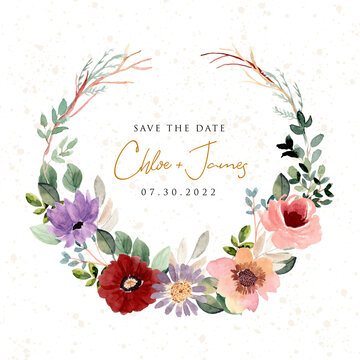 save the date with beautiful watercolor flower wreath