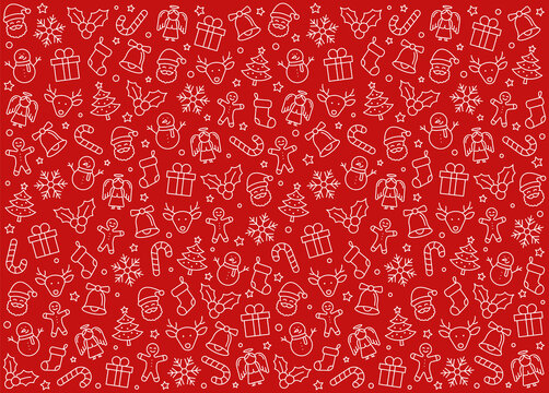 Christmas background. Merry Christmas and Happy New Year. Collection xmas icons. Winter, santa, tree, presents, snowflakes, holiday. Vector illustration.