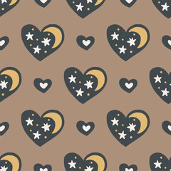 Sacred heart, moon and stars seamless hand drawn pattern. Boho valentine illustration. Love fashion graphic design.