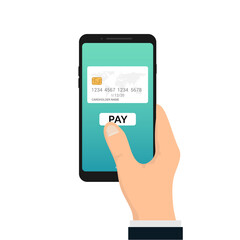 Mobile payment vector icon. Online bank card hold phone flat digital mobile payment