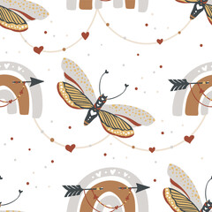 Insects butterfly and rainbow seamless vector pattern. Mystic moth background. Bohemian vintage mystic graphic. Elegant trendy print.