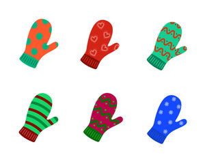 Set of colorful mittens with various ornaments. Winter warm knitted mittens isolated on the white background. Vector flat illustration.