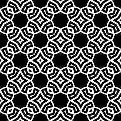 Black, white pattern, geometric wallpaper , seamless texture with flat floral ornament, decorative illustration with simple elemets