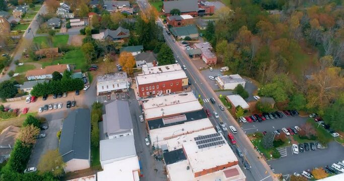 Aerial drone shot of downtown Weaverville, North Carolina in the Appalachian Mountains in Autumn