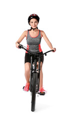Female cyclist riding bicycle on white background