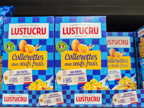 Selected collection of collerettes pasta Lustucru brand display for sell in french supermarket