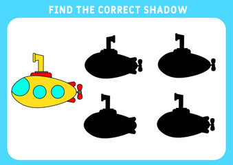 Find the correct shadow, education game for children. Funny little submarine. Preschool worksheet. Vector illustration.