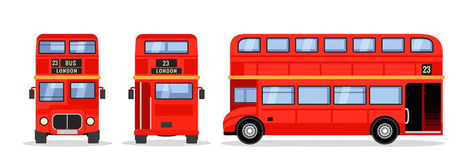 London double decker red bus cartoon illustration, English UK british tour front side isolated flat bus icon - obrazy, fototapety, plakaty