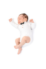Cute little baby lying on white background