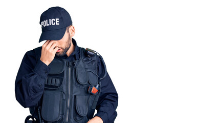 Young handsome man with beard wearing police uniform tired rubbing nose and eyes feeling fatigue and headache. stress and frustration concept.