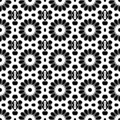 Black, white pattern, geometric wallpaper , seamless texture with flat floral ornament, decorative illustration with simple elemets