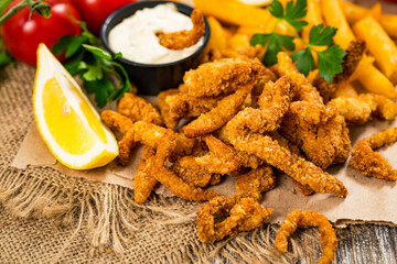 Crispy Breaded Clam Strips Snack Size. Deep Fried Breaded Clams Fingers and French Fried Potatoes...