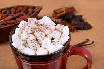 Cup of cacao drink with marshmallows, chocolate, spices, cocoa pod and cacao beans on a cork background.