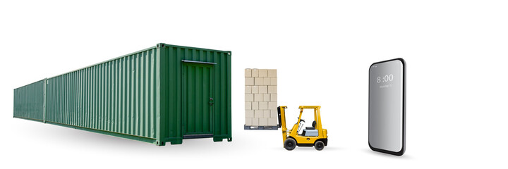 Container for loading goods with a forklift carrying goods placed on pallet and mobile phone isolated on white background with clipping path.