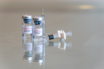 A closeup double set of vials of COVID-19 Coronvavirus vaccine with a syringe on the right and needle tip in the front - 103
