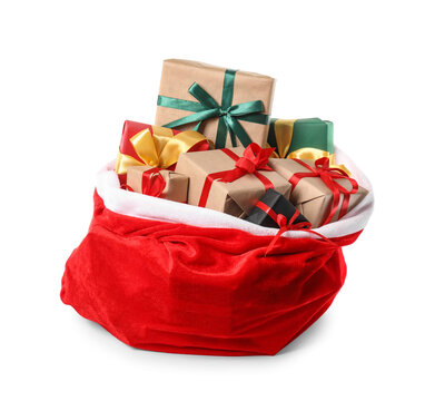 Santa Claus bag full of gifts on white background