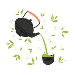 Matcha tea vector illustration. Tea is poured from a teapot into a traditional cup.Collection objects isolated on white with leaves on a background. Hand drawing illustration of matcha green tea. 