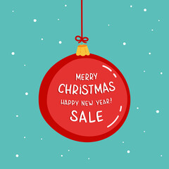 Naklejka premium Red Christmas tree toy isolated on a blu background. Christmas decoration. Ball with lettering Merry Christmas and Happy New Year sale. Vector object for christmas design, mockup. 
