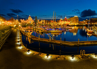 Inner Harbor in Victoria BC, Vancouver Island, Canada, decorated with festive lights during...