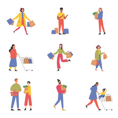 Fototapeta na wymiar Collection of happy people with shopping bags and carts. Set of different man, woman and child with trolley and shopping bag isolated on white.Young people taking part in seasonal sale at mall. 
