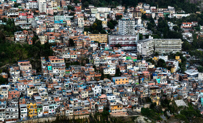 Fototapeta na wymiar Favela Vidigal in Rio de Janeiro during sunset, aerial shot