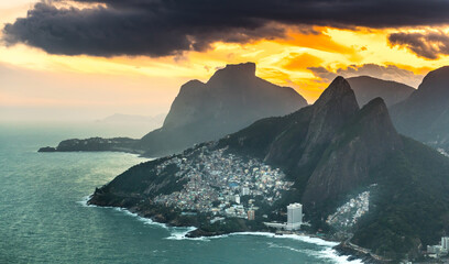 Favela Vidigal in Rio de Janeiro during sunset, aerial shot