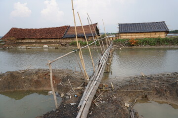 A bamboo bridge to a traditional home for making sea salt in Jepara, Indonesia
