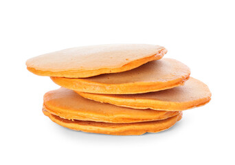 Tasty pumpkin pancakes on white background