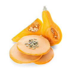 Tasty pumpkin pancakes on white background