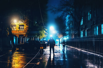 Silhouette of alone stranger in hood at night city street in rain. Creepy killer or stalker,...