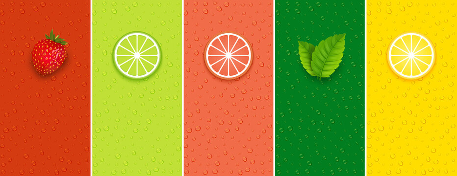 Fruit mint lime lemon or grape juice sticker flavor icon. Fruit logo label vitamin droplet