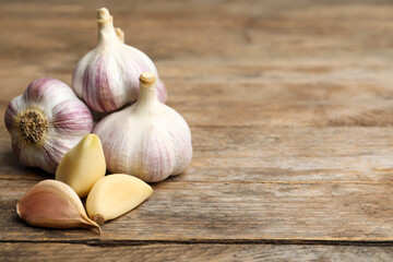 Fresh organic garlic on wooden table. Space for text