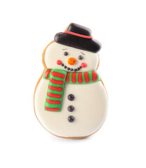 Snowman shaped Christmas cookie isolated on white