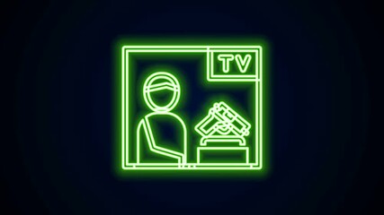 Glowing neon line Television advertising weapon icon isolated on black background. Police or military handgun. Small firearm. 4K Video motion graphic animation.