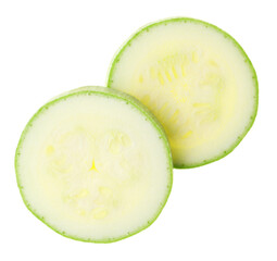 Slices of ripe zucchini on white background, top view