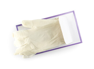 Box of new medical gloves isolated on white, top view