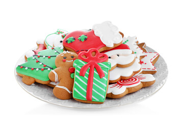 Delicious gingerbread Christmas cookies on white background