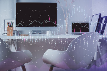 Double exposure of stock market graph drawing and office interior background. Concept of financial...