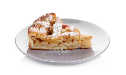 Slice of traditional apple pie with sugar powder on white
