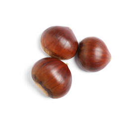 Fresh sweet edible chestnuts on white background, top view