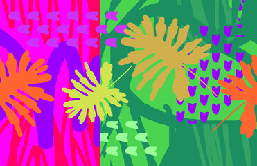 Summer tropical abstract background with trendy colors with exotic leaves and flowers. Vector floral background.