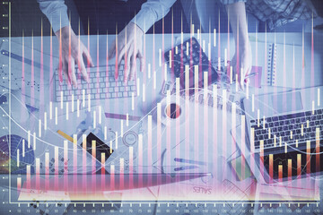 Double exposure of man and woman working together and financial chart hologram drawing. market analysis concept. Computer background. Top View.