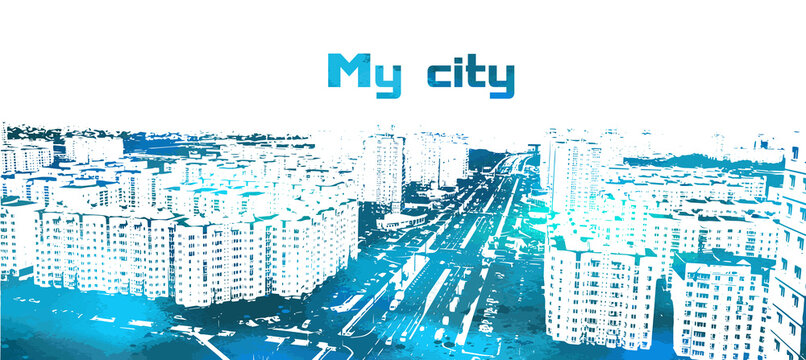 Blue City. There are many houses on the street. Vector illustration